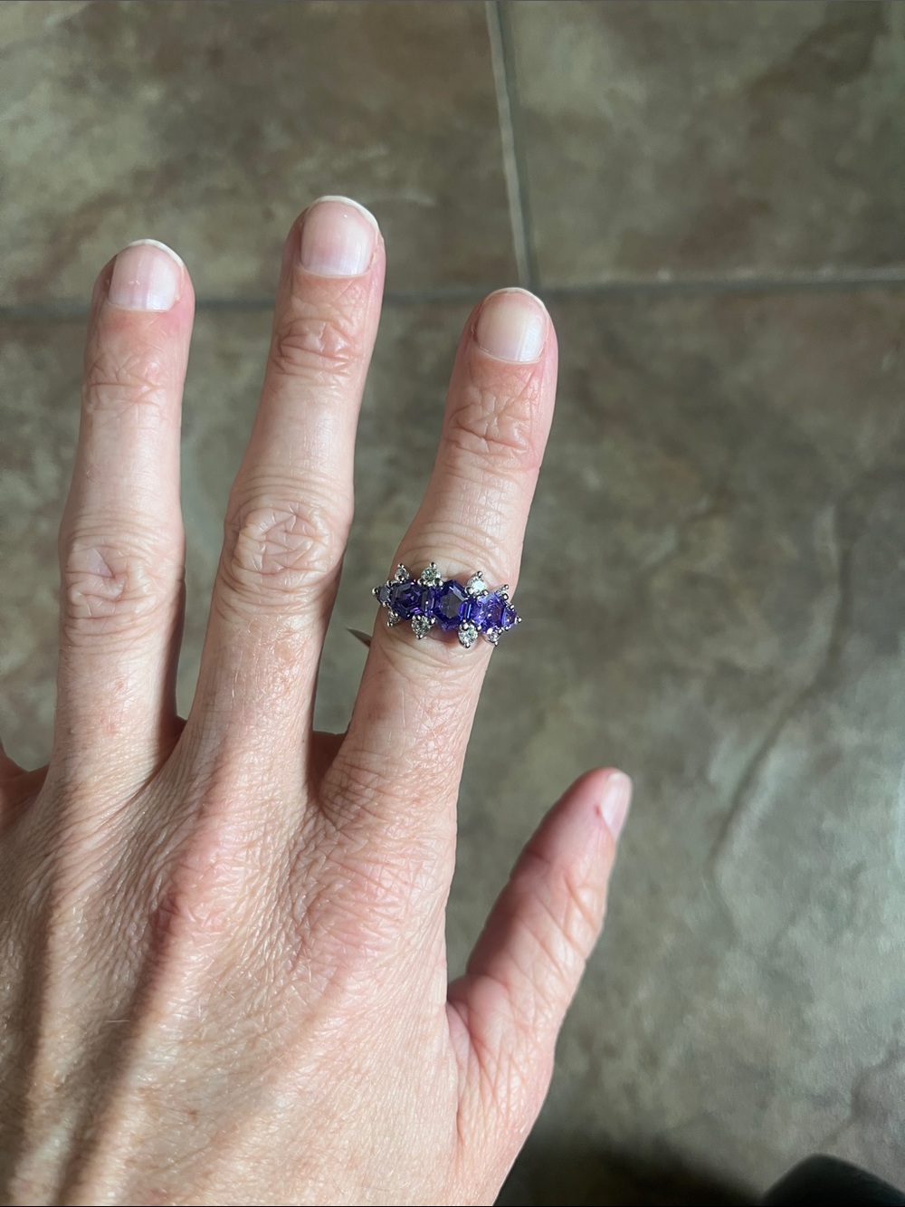 Silver Ring with Purple Cluster Gemstones - Women's Fashion Ring